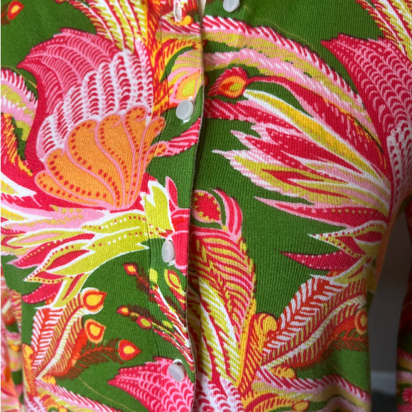 Crown & Ivy Cardigan Sweater in Green Pink Orange Floral Feather Print Size XS - Picture 2 of 5